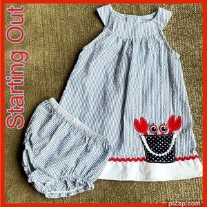“Starting Out” Striped Baby Dress w/ Crab Design & Matching Bloomers - Sz 18 mos